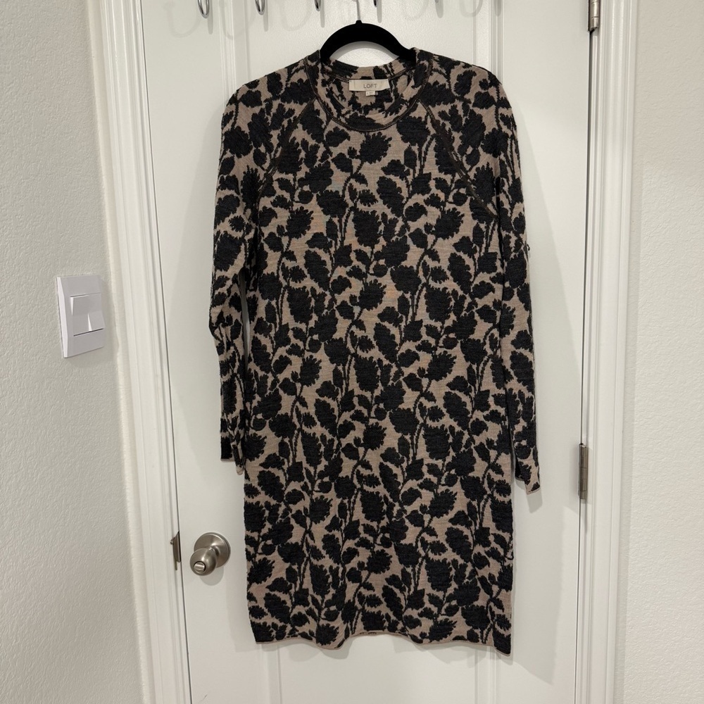 LOFT Black and Tan Floral Long Sleeve Dress Wool Blend Size Large Fall Winter